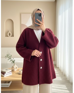 V-Neck Buttoned Bearded Cape -Maroon