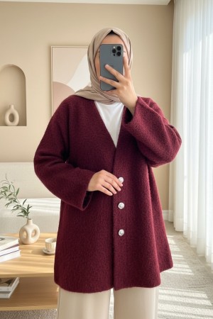 V Yaka Düğmeli Sakallı Kap -Bordo