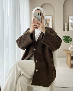 V-Neck Buttoned Bearded Cape -Dark Coffee