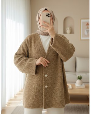 V-Neck Buttoned Bearded Cape -Mink color