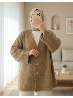 V Yaka Düğmeli Sakallı Kap -Vizon