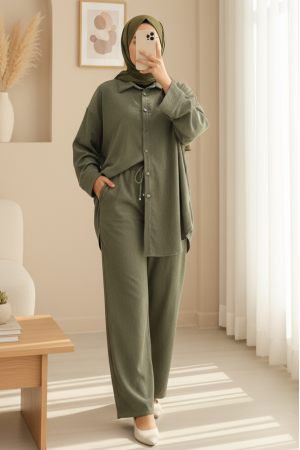 Gömlek Pantolon İkili Kadife Takım -Haki