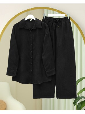 Gömlek Pantolon İkili Kadife Takım -Siyah