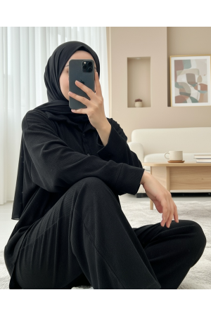 بدلة مخملية من قطعتين مكونة من قميص وبنطلون -أسود