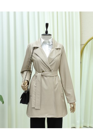 Tek Düğmeli Cepli Belden Bağlamalı Deri Trençkot -Krem