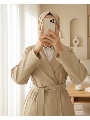 Tek Düğmeli Cepli Belden Bağlamalı Deri Trençkot -Krem