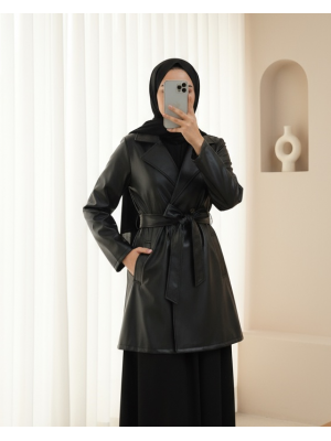 Tek Düğmeli Cepli Belden Bağlamalı Deri Trençkot -Siyah