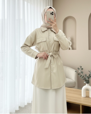 Waist Tied Double Pocket Leather Shirt  -Cream color