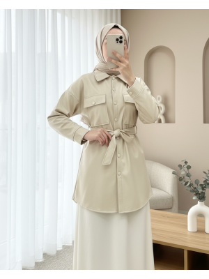 قميص جلدي بجيب مزدوج على الخصر  -لون كريمي