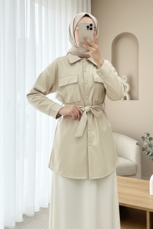 Beli Bağlamalı Çift Cepli Deri Ceket  -Krem