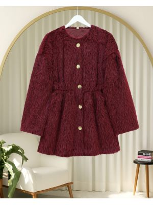 Furry Jacket with Lining and Drawstring Waist -Maroon