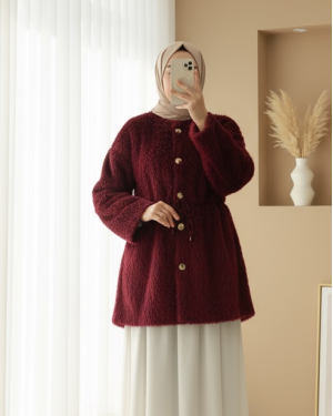 İçi Astarlı Beli Büzgülü Kürklü Ceket -Bordo