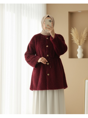 Furry Jacket with Lining and Drawstring Waist -Maroon