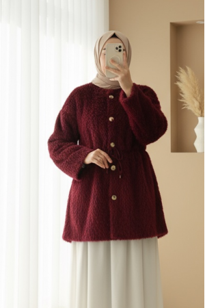 İçi Astarlı Beli Büzgülü Kürklü Ceket -Bordo