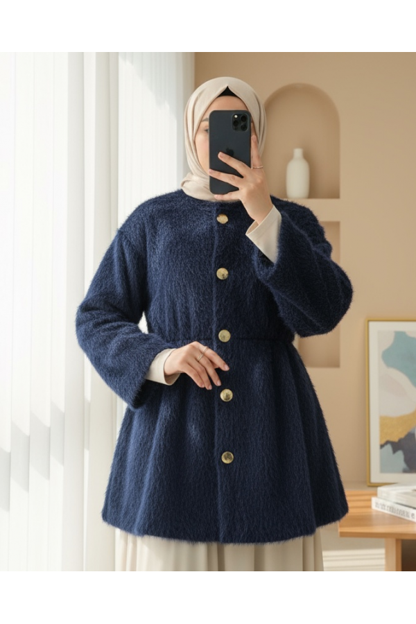 Furry Jacket with Lining and Drawstring Waist -Navy blue