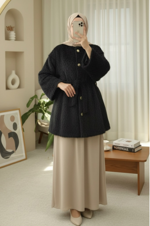 Furry Jacket with Lining and Drawstring Waist -Black