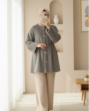 İçi Astarlı Beli Büzgülü Kürklü Ceket -Toprak