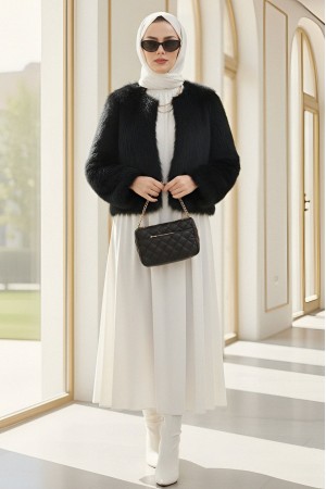 İçi Astarlı Kürklü Kaban -Siyah