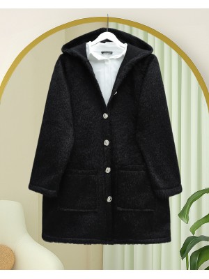 Kapşonlu Gold Düğmeli Cepli Sakallı Kap -Siyah