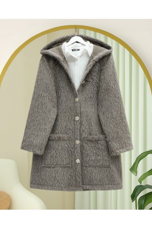 Kapşonlu Gold Düğmeli Cepli Sakallı Kap -Toprak