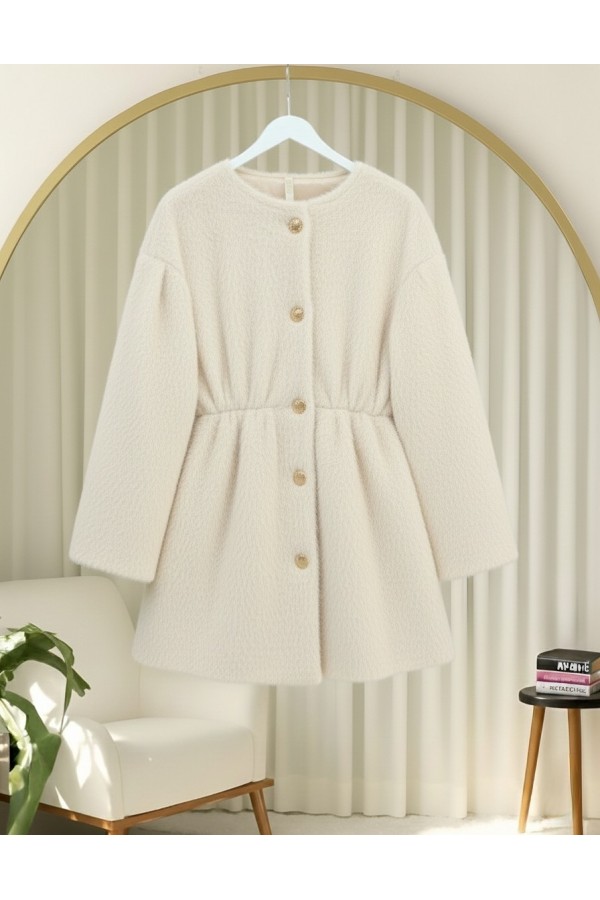 Furry Jacket with Lining and Drawstring Waist  -Cream color
