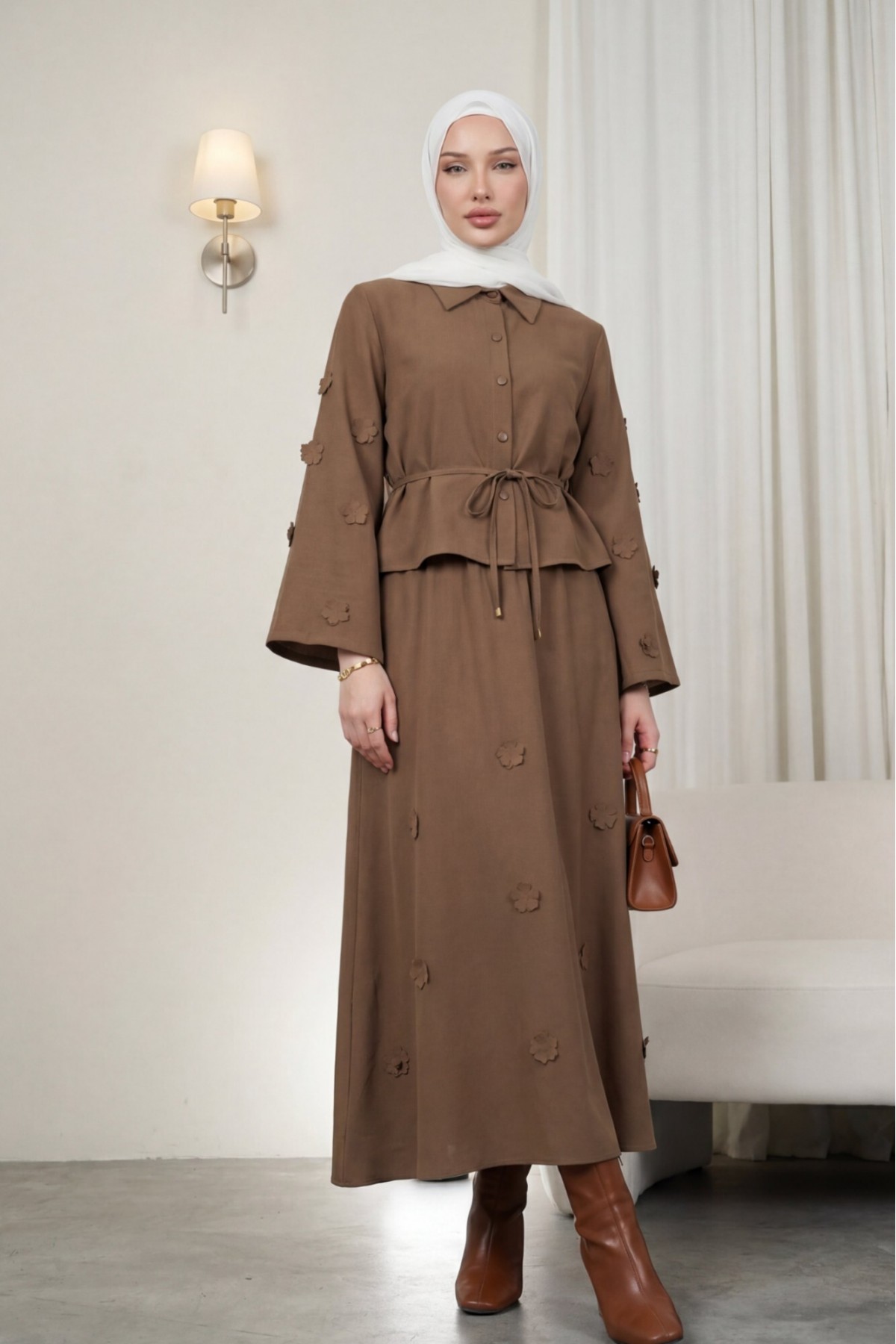 Two-piece Modal Shirt and Skirt Set with Floral Sleeves and Hem and Drawstring Waist. -Brown
