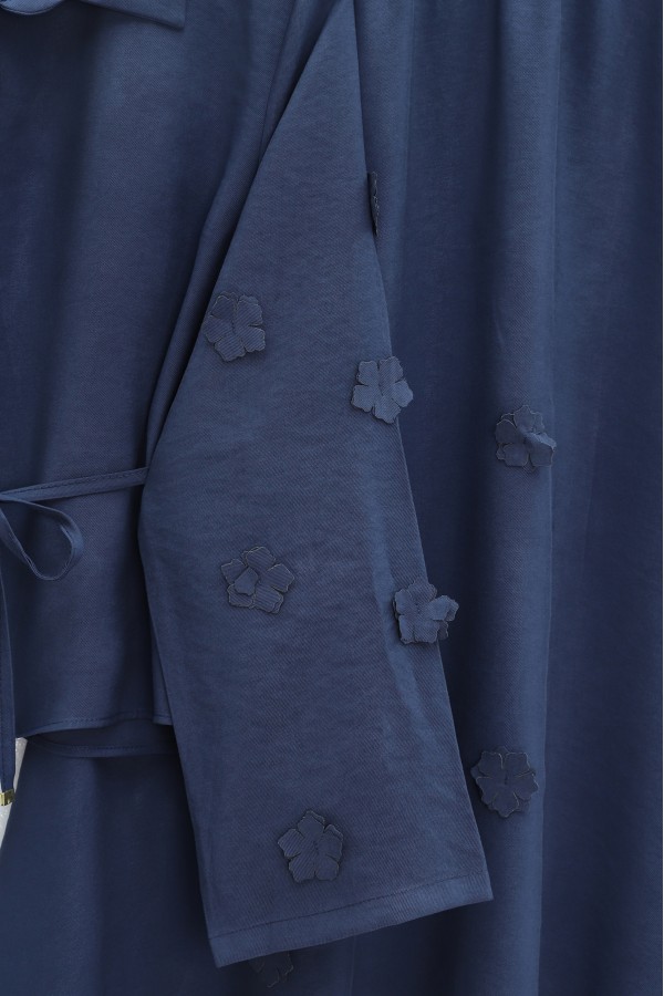 Two-piece Modal Shirt and Skirt Set with Floral Sleeves and Hem and Drawstring Waist. -Navy blue