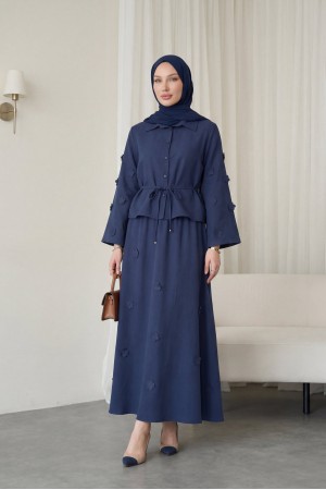 Kolları Ve Eteği Çiçekli Beli Bağcıklı Gömlek Etek İkili Modal Takım  -Laci