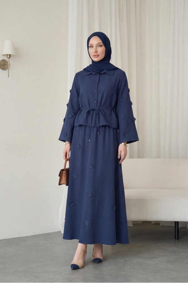 Two-piece Modal Shirt and Skirt Set with Floral Sleeves and Hem and Drawstring Waist. -Navy blue