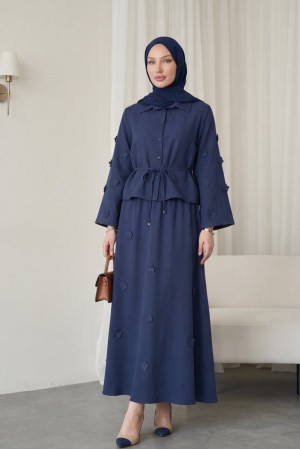 Kolları Ve Eteği Çiçekli Beli Bağcıklı Gömlek Etek İkili Modal Takım  -Laci