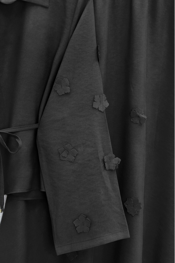 Two-piece Modal Shirt and Skirt Set with Floral Sleeves and Hem and Drawstring Waist. -Black