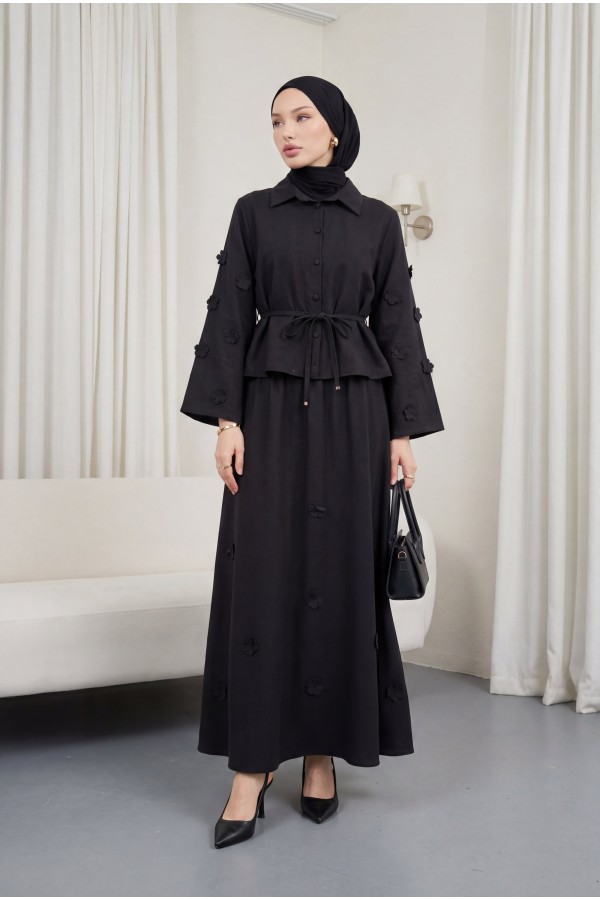 Two-piece Modal Shirt and Skirt Set with Floral Sleeves and Hem and Drawstring Waist. -Black