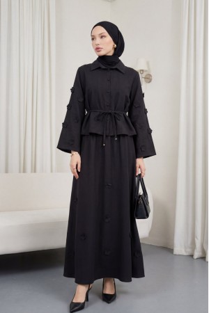 Kolları Ve Eteği Çiçekli Beli Bağcıklı Gömlek Etek İkili Modal Takım  -Siyah