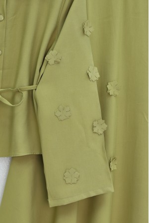 Kolları Ve Eteği Çiçekli Beli Bağcıklı Gömlek Etek İkili Modal Takım  -Yağ Yeşili