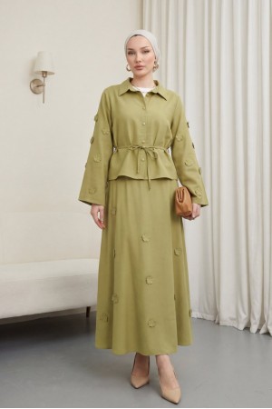 Kolları Ve Eteği Çiçekli Beli Bağcıklı Gömlek Etek İkili Modal Takım  -Yağ Yeşili