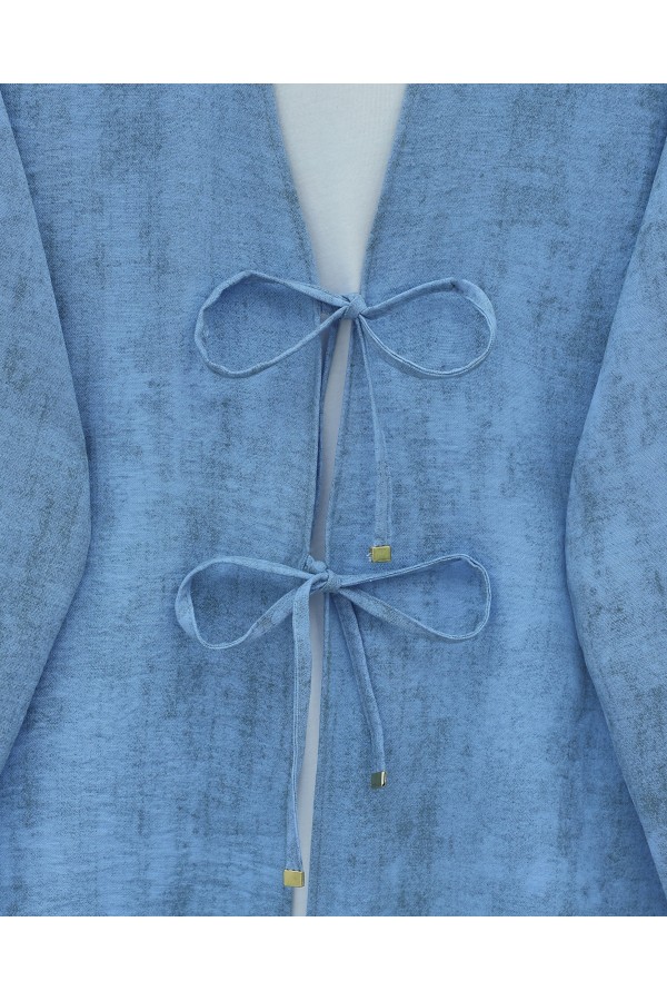 Önü Bağlamalı Pantolonlu Keten Görünümlü Kimono Takım  -Mavi