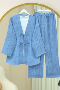 Önü Bağlamalı Pantolonlu Keten Kimono Takım  -Mavi
