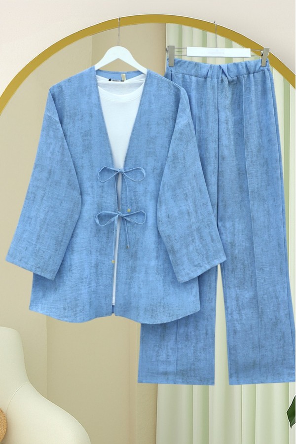 Önü Bağlamalı Pantolonlu Keten Görünümlü Kimono Takım  -Mavi