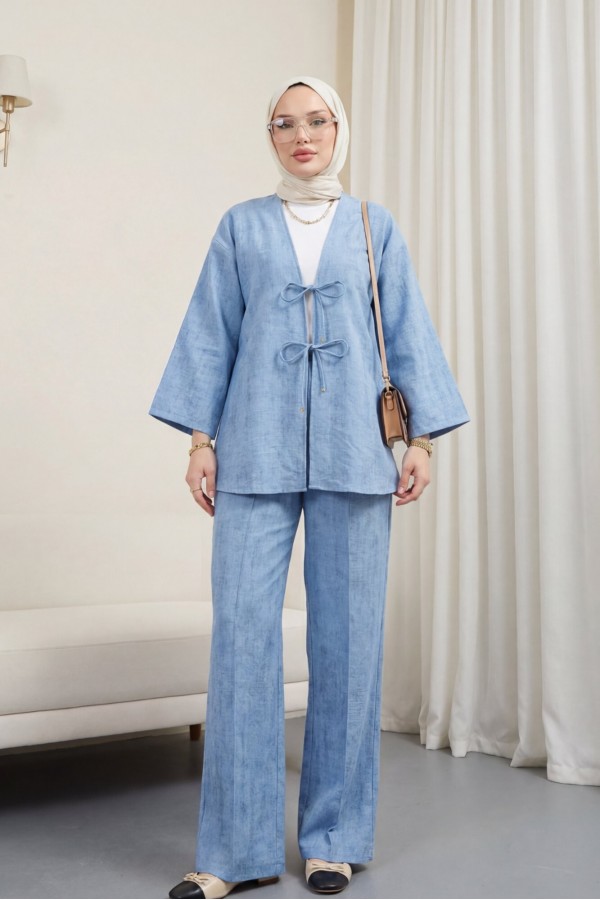 Önü Bağlamalı Pantolonlu Keten Görünümlü Kimono Takım  -Mavi