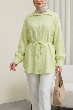 Beli Kemerli Dikiş Ve Pul Detaylı Düğmeli Gömlek -Açık Sarı