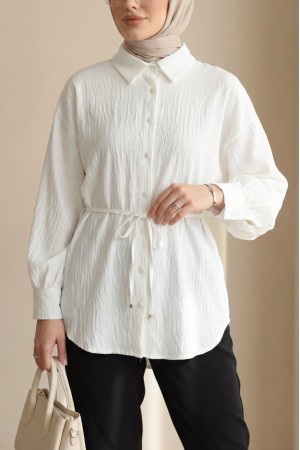 Beli Kemerli Dikiş Ve Pul Detaylı Düğmeli Gömlek -Beyaz