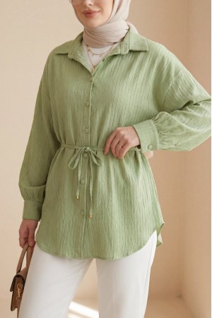 Beli Kemerli Dikiş Ve Pul Detaylı Düğmeli Gömlek -F.Yeşili