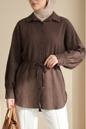 Beli Kemerli Dikiş Ve Pul Detaylı Düğmeli Gömlek -K. Kahve