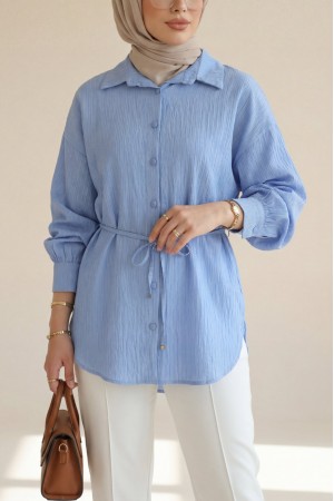 Beli Kemerli Dikiş Ve Pul Detaylı Düğmeli Gömlek -Mavi