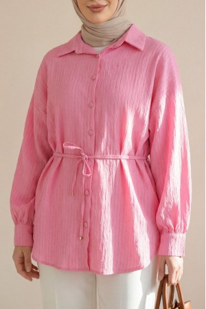 Beli Kemerli Dikiş Ve Pul Detaylı Düğmeli Gömlek -Pembe