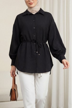 Beli Kemerli Dikiş Ve Pul Detaylı Düğmeli Gömlek -Siyah