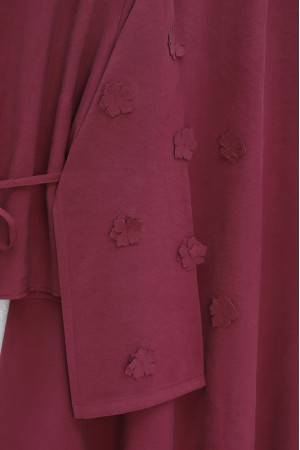 Kolları Ve Eteği Çiçekli Beli Bağcıklı Gömlek Etek İkili Modal Takım   -Mürdüm