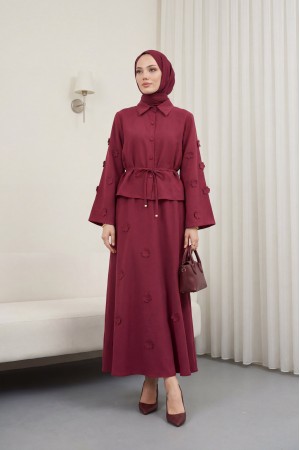 Kolları Ve Eteği Çiçekli Beli Bağcıklı Gömlek Etek İkili Modal Takım   -Mürdüm