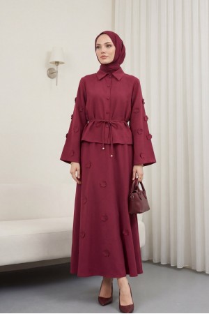 Kolları Ve Eteği Çiçekli Beli Bağcıklı Gömlek Etek İkili Modal Takım   -Mürdüm