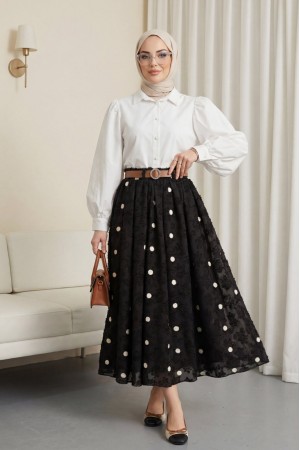 تنورة شيفون سميكة، بحزام، ذات ملمس بارز، منقوشة، ومبطنة -أسود